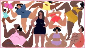An illustration of obese people trying methods of combating fatphobia